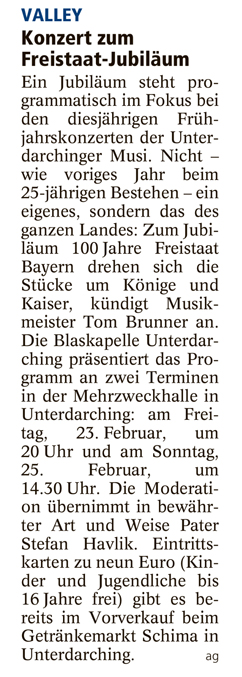 Ankündigung Konzert Unterdarchinger Musi im Holzkirchner Merkur